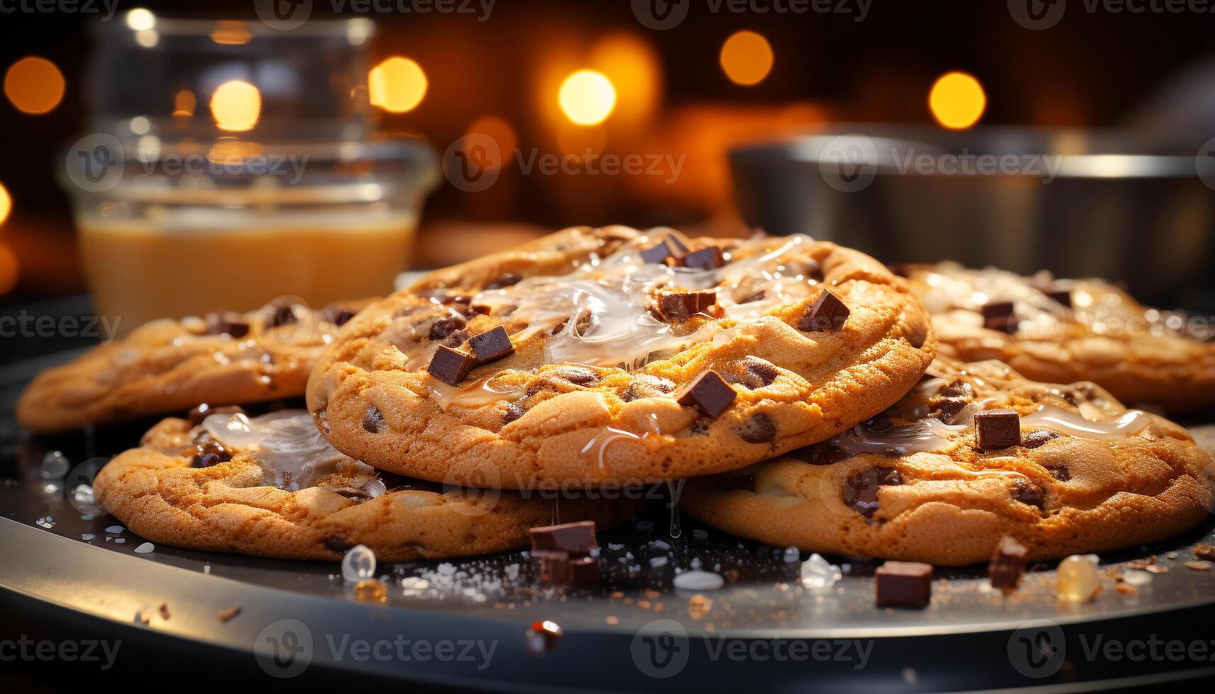 AI generated Homemade chocolate chip cookies, a sweet indulgence on a plate generated by AI photo