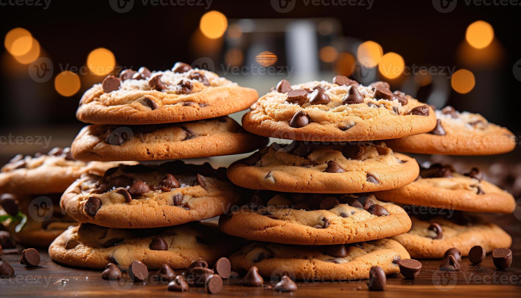 AI generated Homemade gourmet chocolate chip cookies on rustic wooden table generated by AI photo