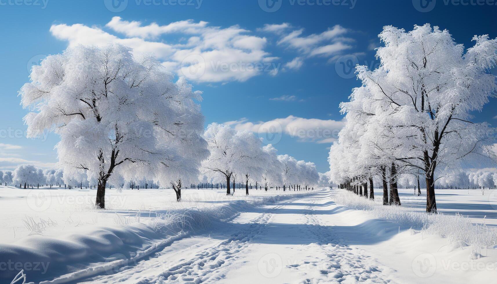 AI generated Winter tree covered in snow, nature frozen beauty generated by AI photo