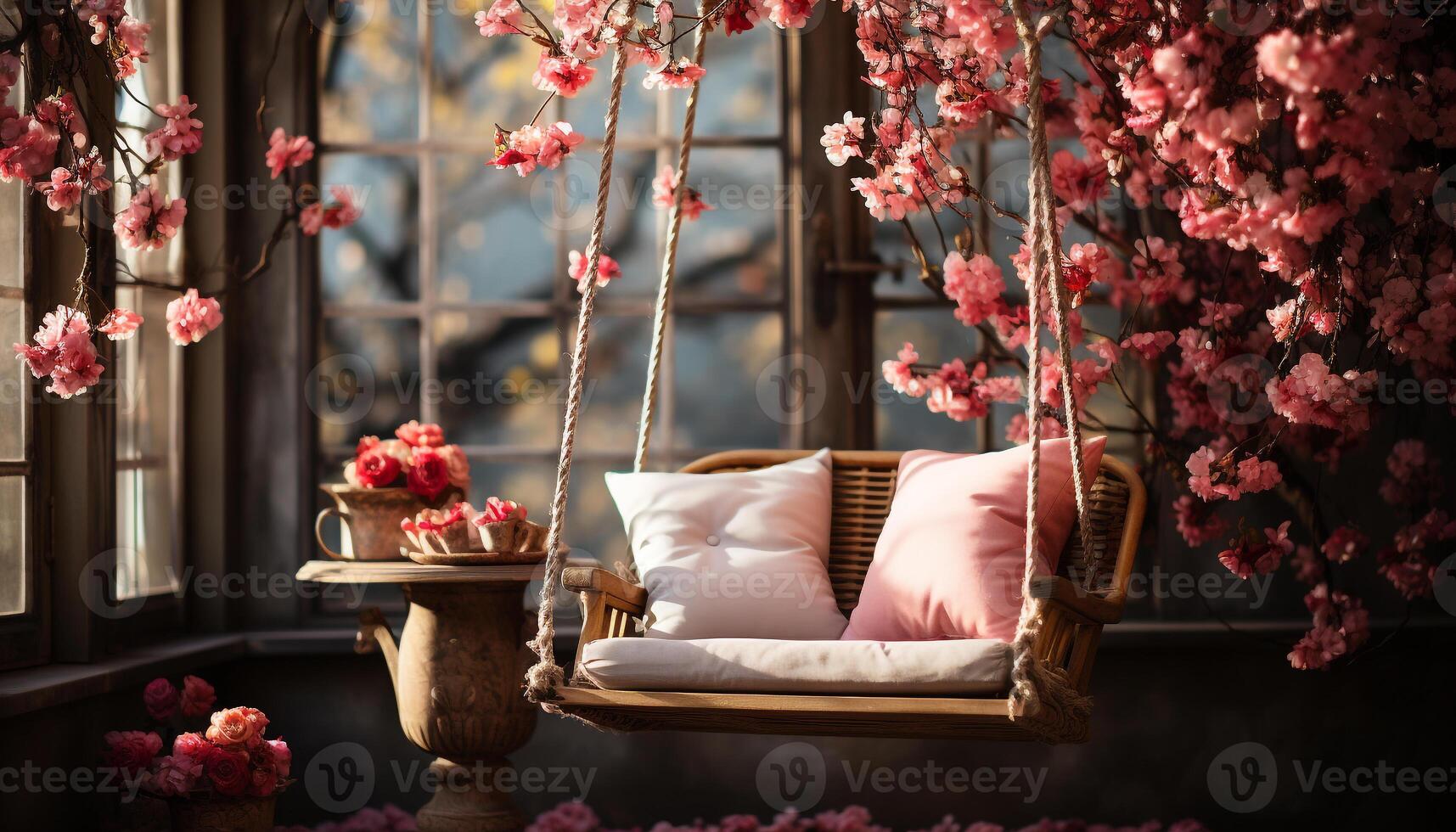 AI generated Modern home interior with pink flower bouquet on comfortable chair generated by AI photo