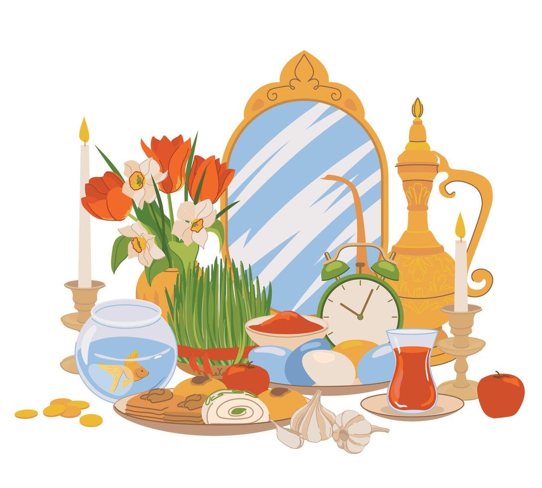 productos para el internacional día de navruz. iraní nuevo año es un sagrado día y religioso fiesta de zoroastrianos y bahá'ís. espejo, verde césped, dulces, velas, vinagre, flores plano vector. vector
