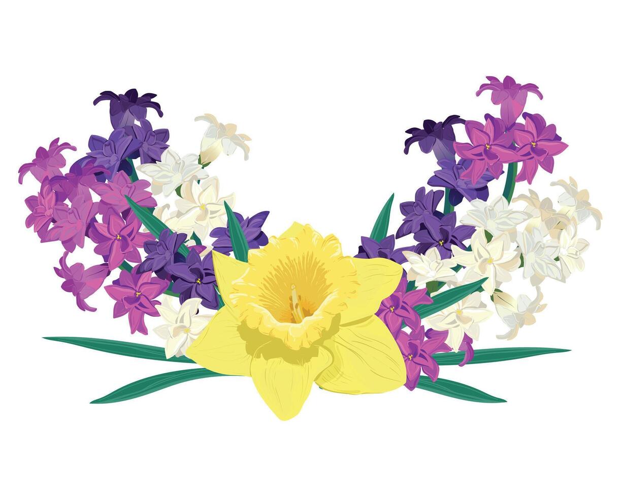 composición de brillante primavera flores vector de colores jacintos y amarillo narcisos en un blanco antecedentes. prímulas en un dibujos animados estilo son adecuado para saludo tarjetas para de la madre día y De las mujeres día