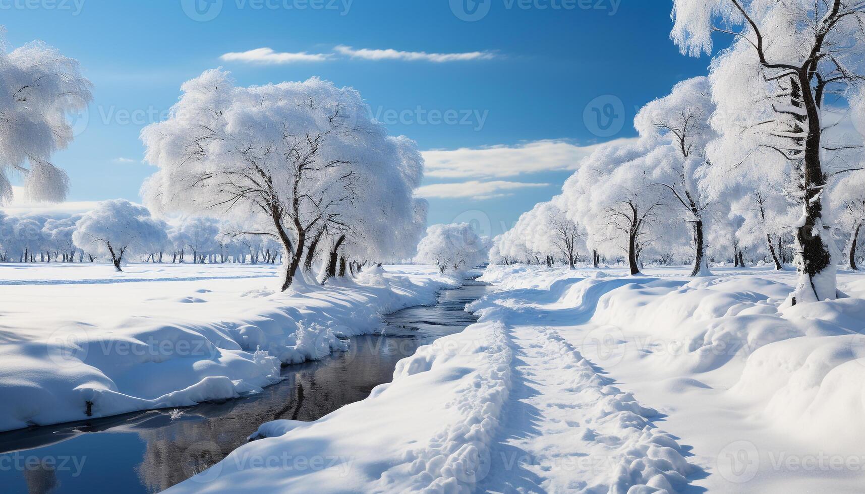 AI generated Winter landscape snow covered trees in a tranquil forest generated by AI photo