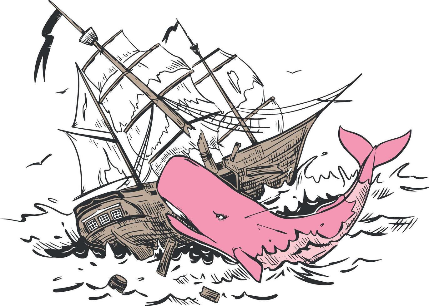 The legendary sperm whale attacks the ship. Feminism concept, female power able to cope with obstacles. A mythical monster that sank a sailboat. Vector illustration in engraving style.