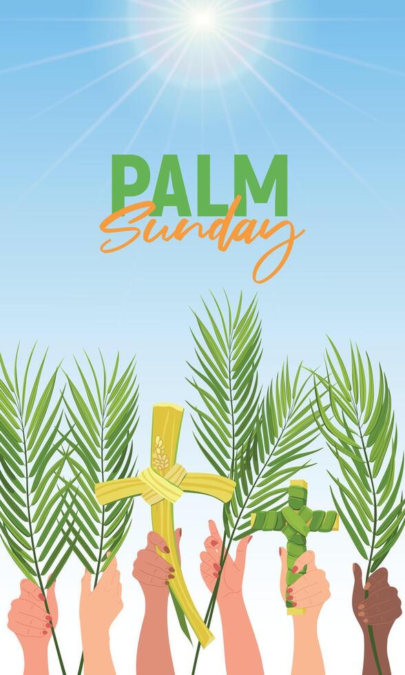 Celebration of Palm Sunday. Hands of people of different nationalities are raised with palm branches against the blue sky. The concept of the unity of the Christian faith. Vector postcard. artoon.