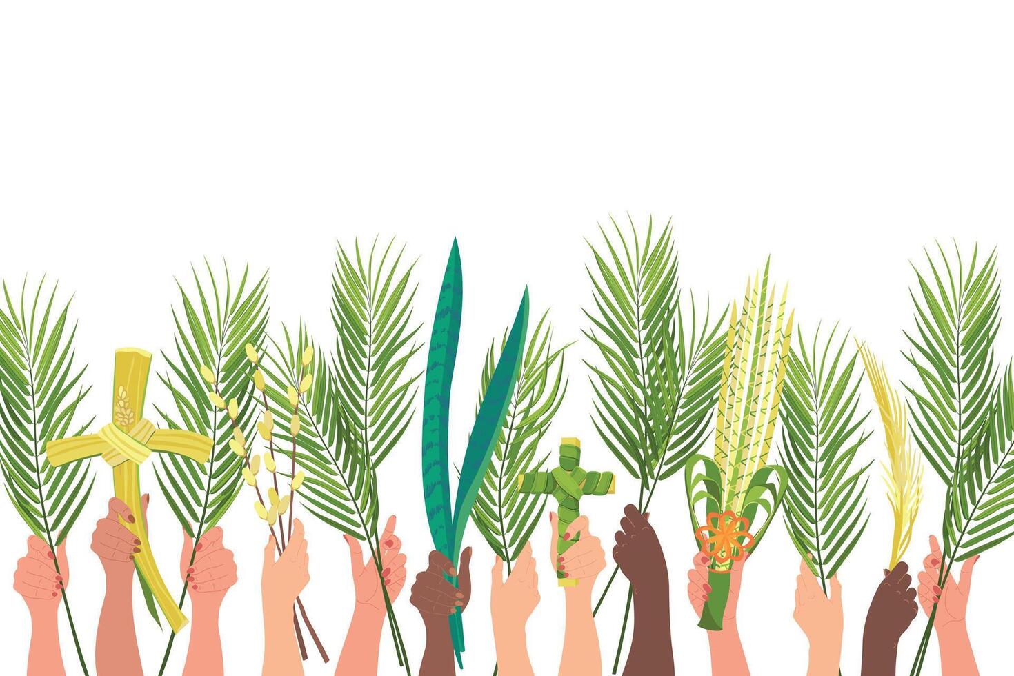 Palm Sunday celebration concept. Customs of different peoples of the world. Hands of people of different nationalities are raised with palm branches, sansevieria and a cross. Vector. Cartoon. vector