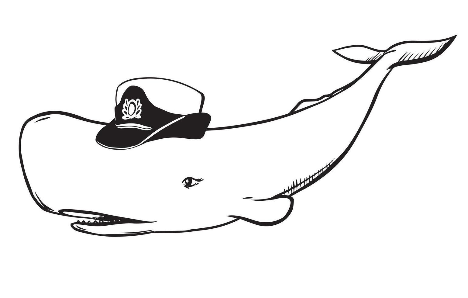 A white sperm whale in a women's uniform naval cap. Creative illustration of a female sperm whale in the role of an official. Caricature of the officer corps. Old school tattoo sketch, t-shirt prints vector