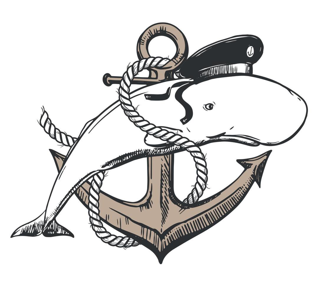 White sperm whale in a sailor's cap. Creative illustration of a whale tied with a rope at an anchor. Old school tattoo sketch, surreal idea for t-shirt prints. vector
