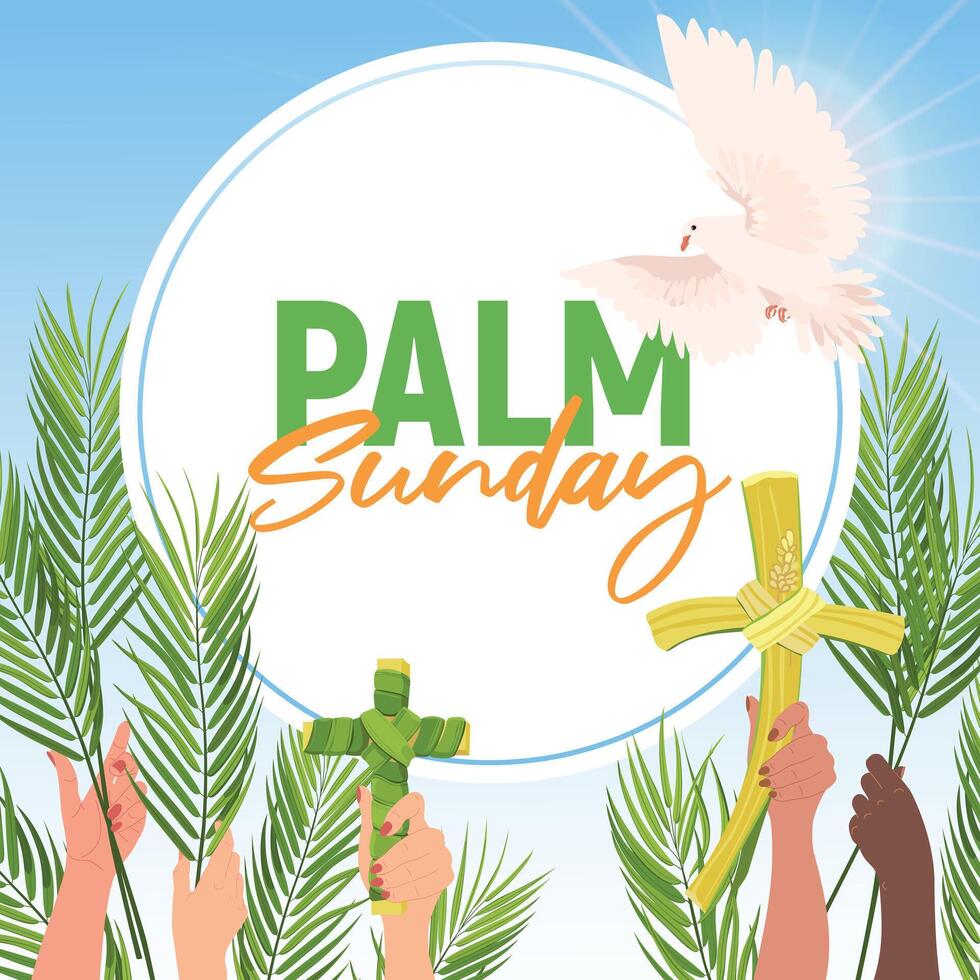 Palm Sunday welcome banner for the Christian holiday. People of different nationalities hold palm branches and leaf crosses. A white dove in the sky as the embodiment of the holy spirit. vector