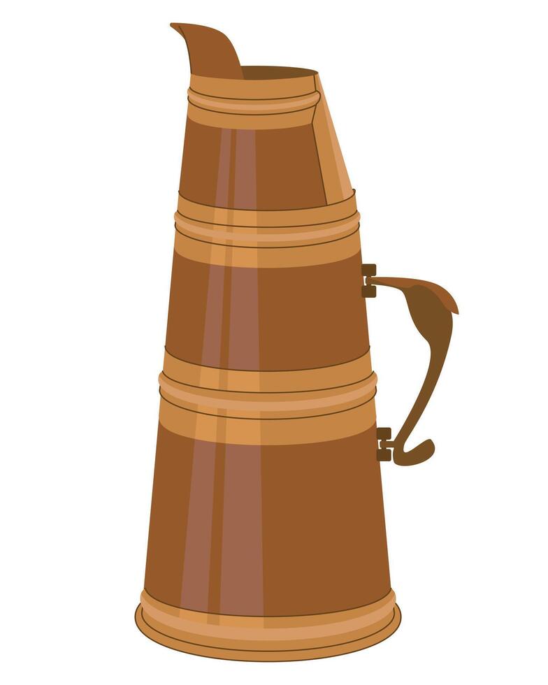 Traditional Mongolian tea jug. Dishes of the nomadic peoples of Asia. Camping kettle made of copper with a folding handle. Vector illustration.