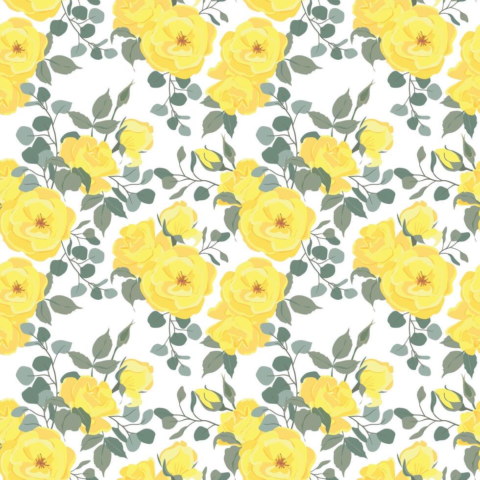 Seamless vector pattern with yellow roses and leaves. Floral pattern for wallpaper or fabric, textile. Summer flowers and green foliage on a white background.