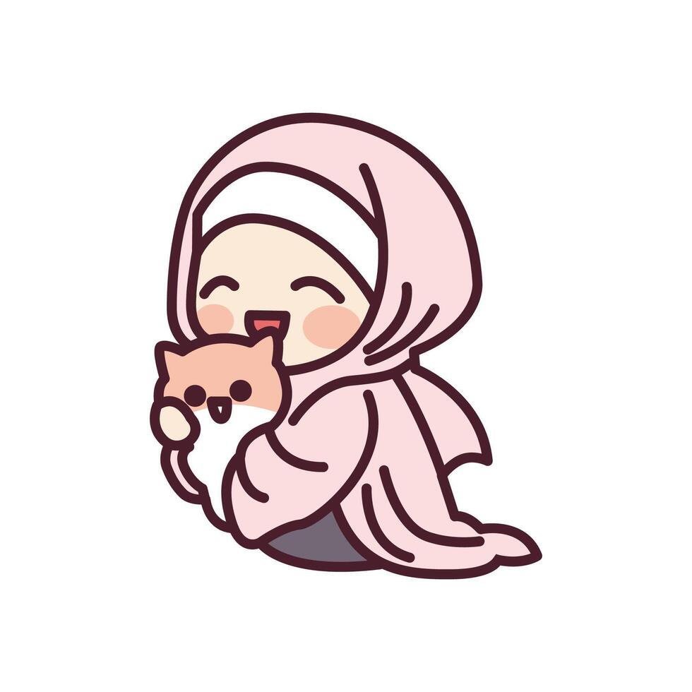 Cute a muslim girl and a cat cartoon illustration vector
