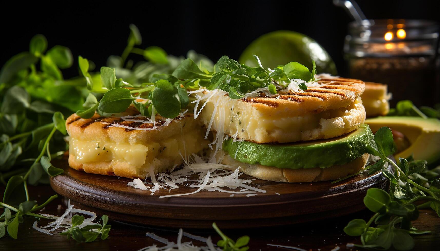 AI generated Grilled meat slice on wooden plate, fresh salad, healthy appetizer generated by AI photo