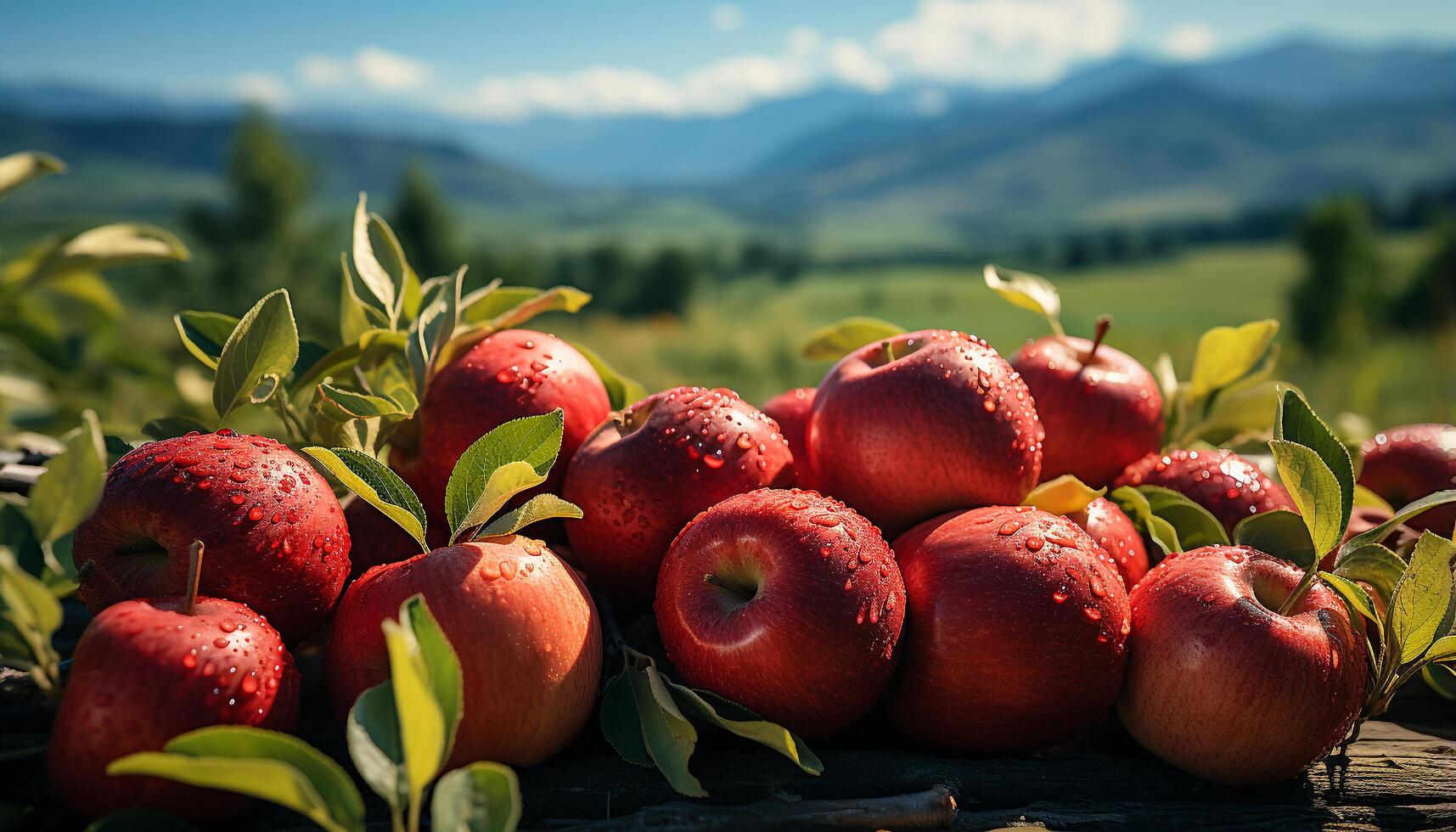 ai generado fresco, maduro manzana en verde hoja en soleado huerta generado por ai foto