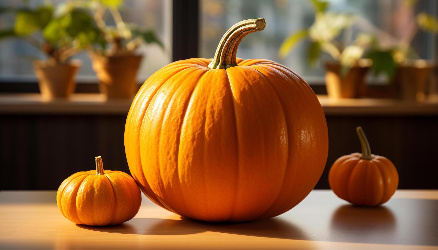 AI generated Autumn celebration pumpkin decoration, fresh gourd on wooden table generated by AI photo