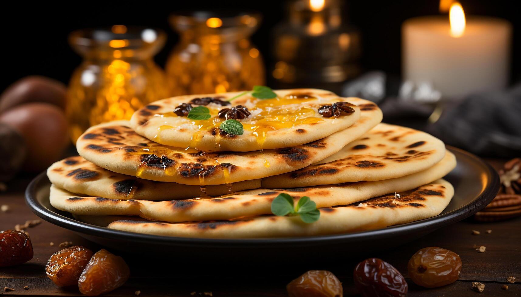 AI generated Freshly baked homemade pancakes with sweet fruit and honey syrup generated by AI photo