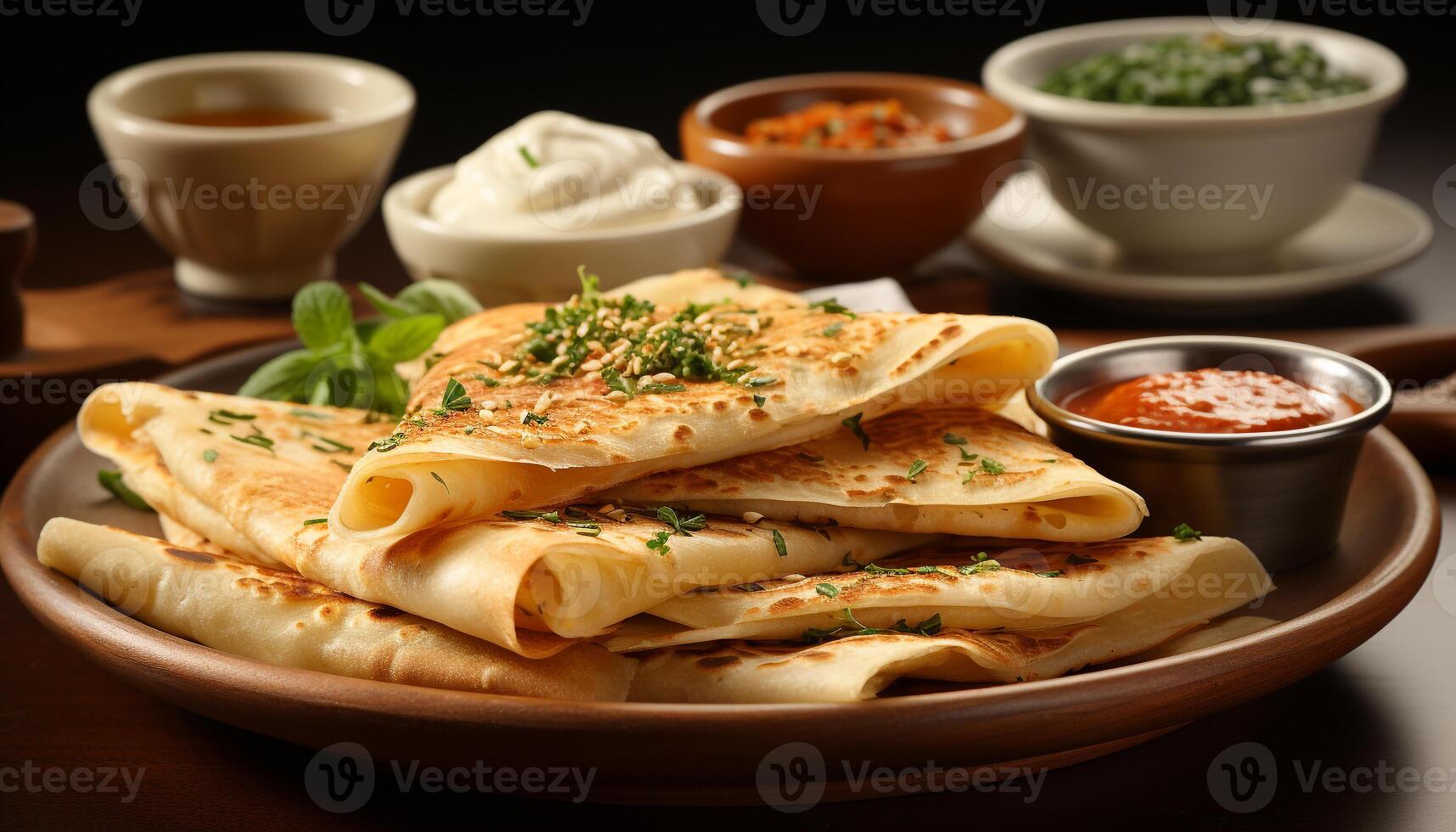 AI generated A savory taco meal on a wooden plate, ready to eat generated by AI photo