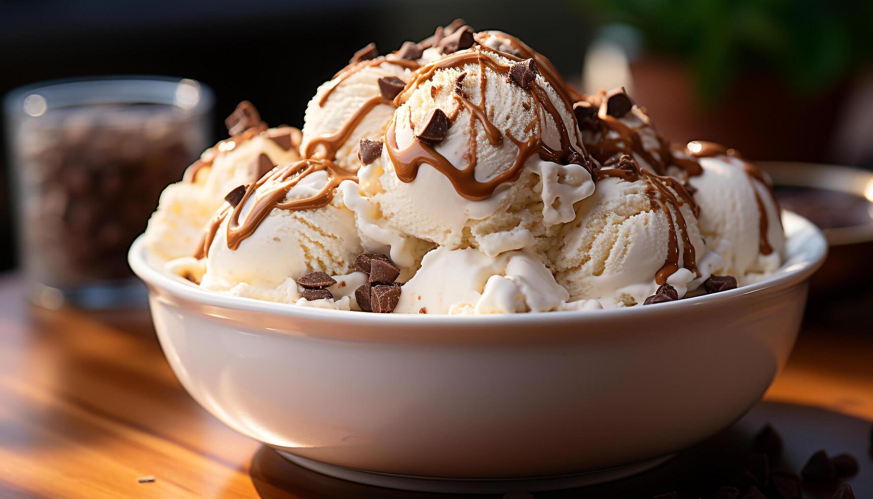 AI generated Homemade ice cream sundae, a sweet indulgence on wooden table generated by AI photo