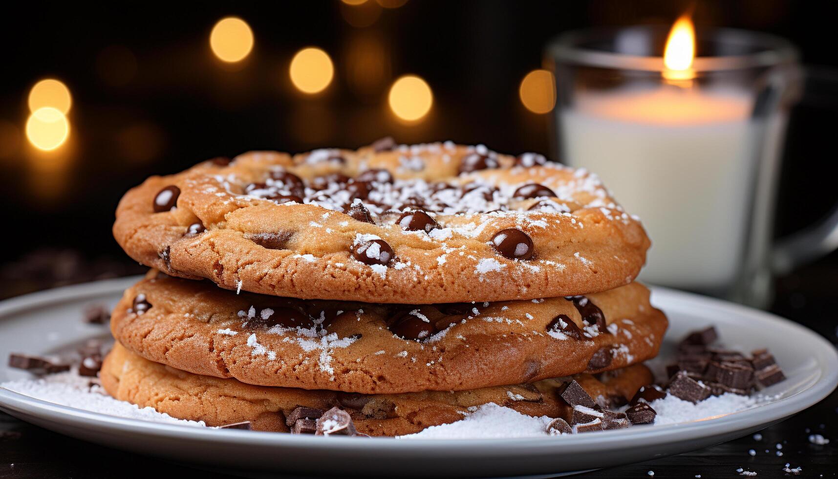 AI generated A stack of homemade chocolate chip cookies on a rustic table generated by AI photo
