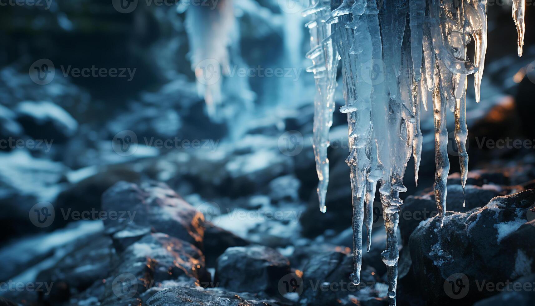 AI generated Frozen icicles hang from tree branches in a winter forest generated by AI photo