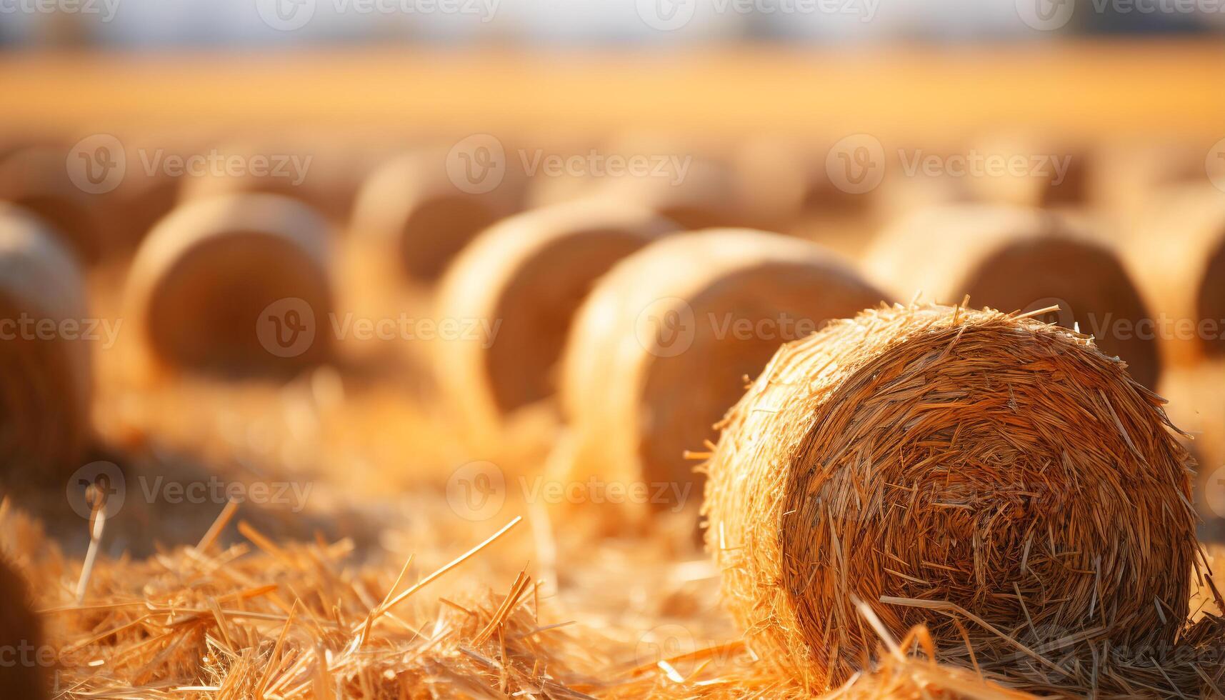 AI generated Rural farm scene hay bales stacked, meadow golden, nature harvest generated by AI photo