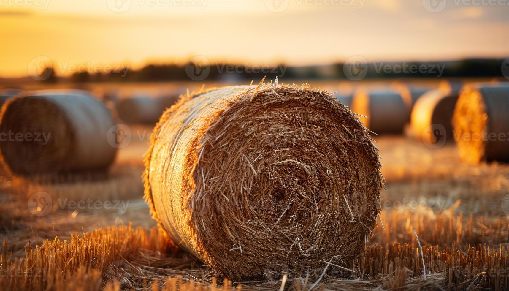 AI generated Sunset over a rural farm, haystacks rolled up in meadows generated by AI photo
