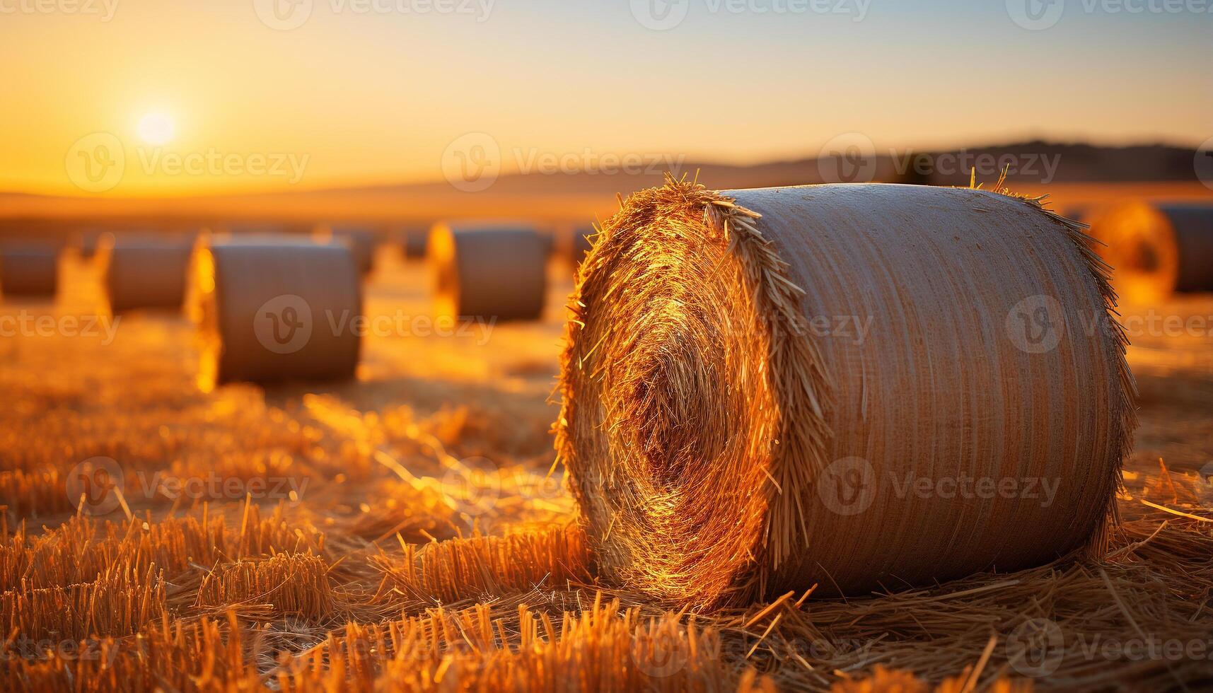 AI generated Sunset over a rural farm, golden hay bales in a meadow generated by AI photo