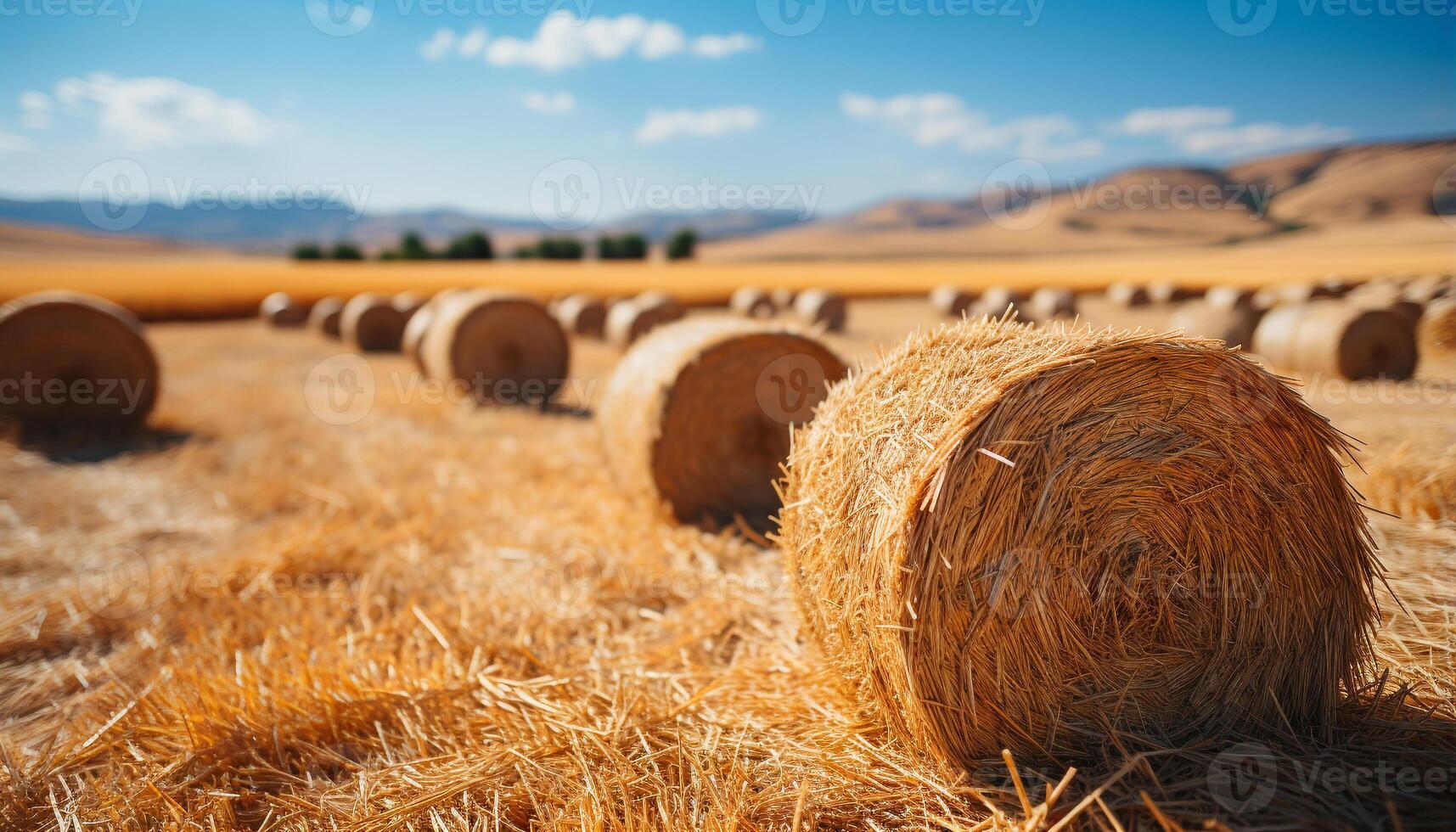 AI generated Agriculture beauty in nature yellow meadow, rolled up haystacks, ripe grain generated by AI photo