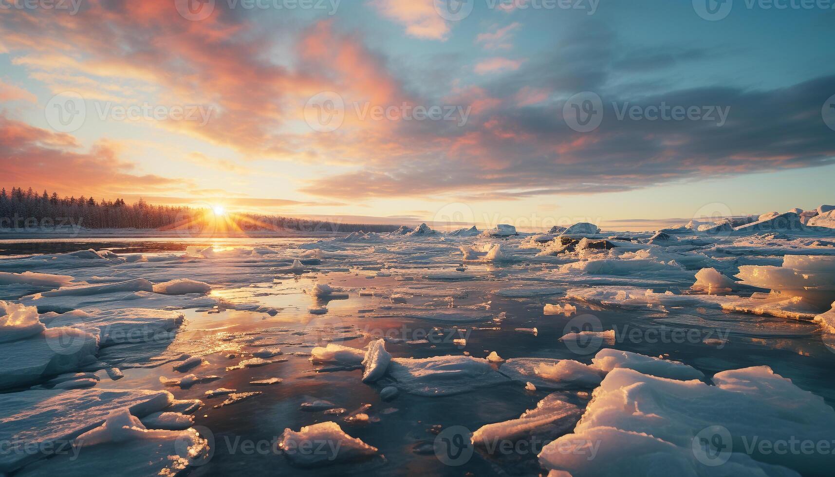 AI generated Tranquil winter landscape frozen water reflects majestic mountain range generated by AI photo