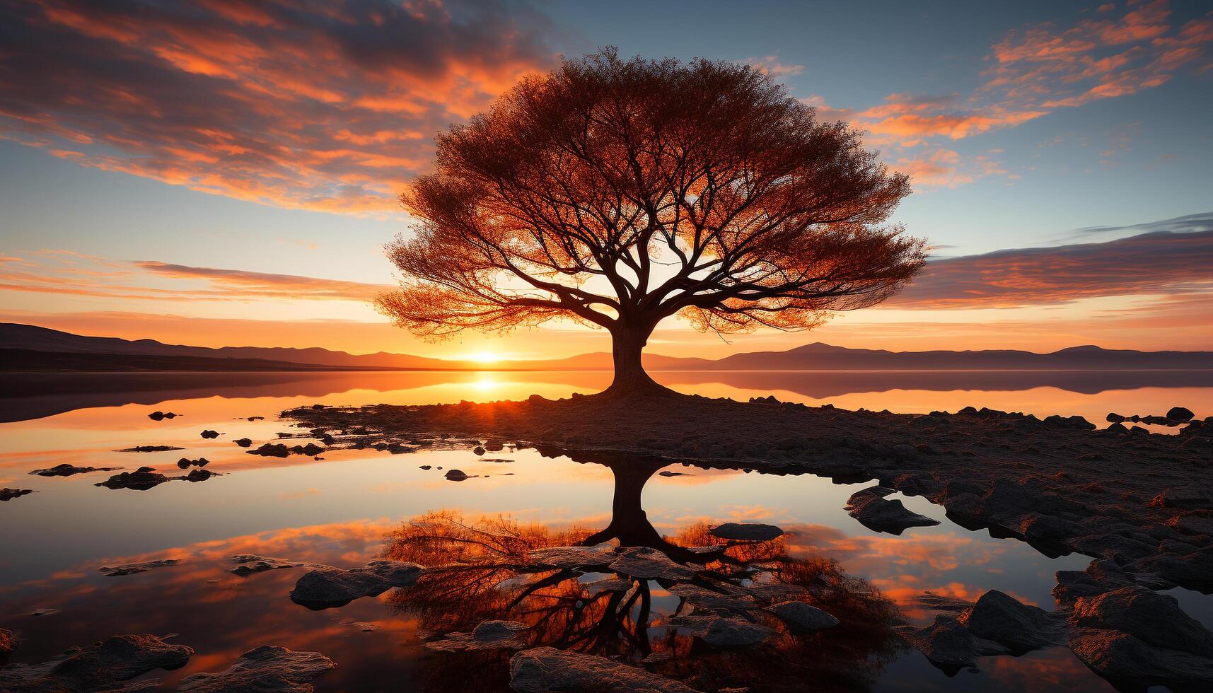 ai generado puesta de sol terminado tranquilo agua refleja belleza en naturaleza silueta generado por ai foto