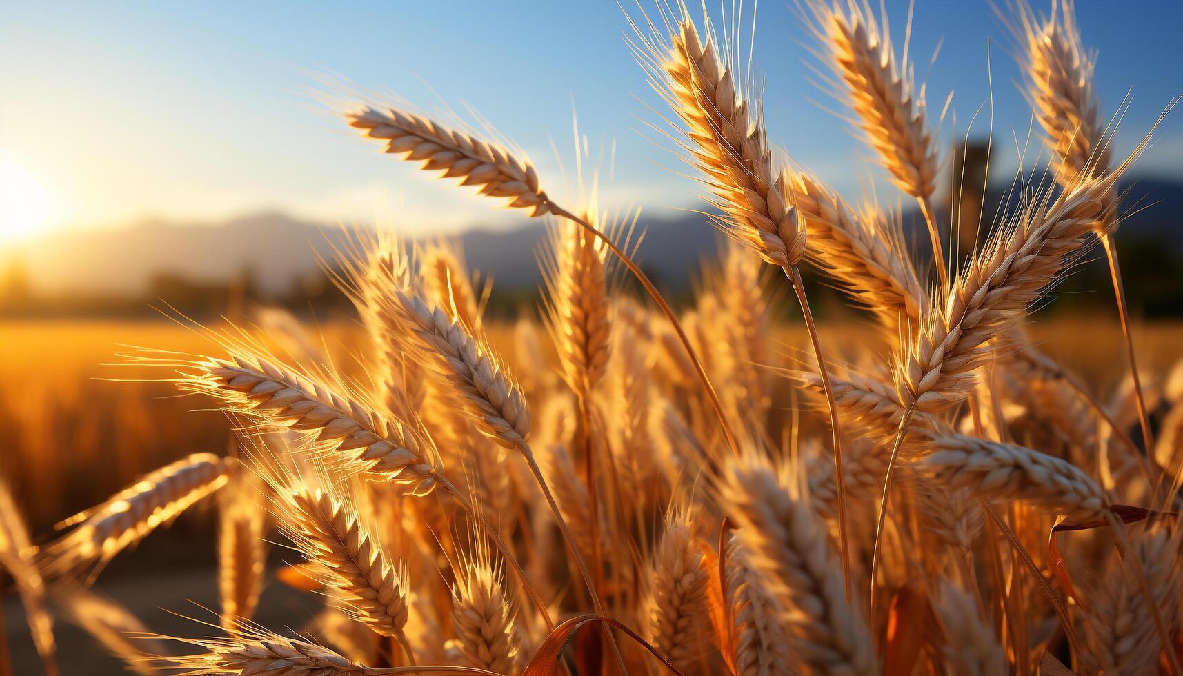 AI generated Rural scene yellow wheat fields, ripe grain under sunset sky generated by AI photo