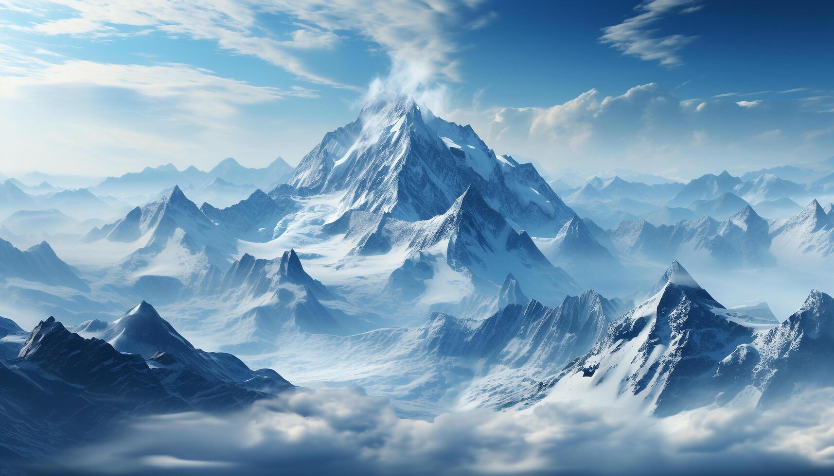 AI generated Majestic mountain peak, snow covered landscape, blue sky, and rocky cliffs generated by AI photo