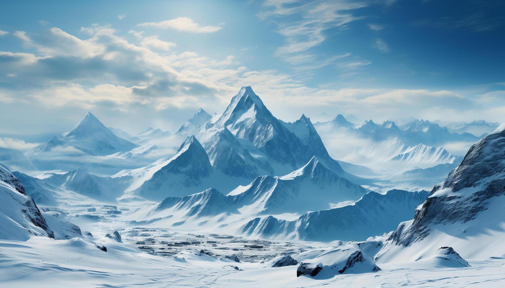 AI generated Majestic mountain range, tranquil scene, frozen beauty in nature generated by AI photo
