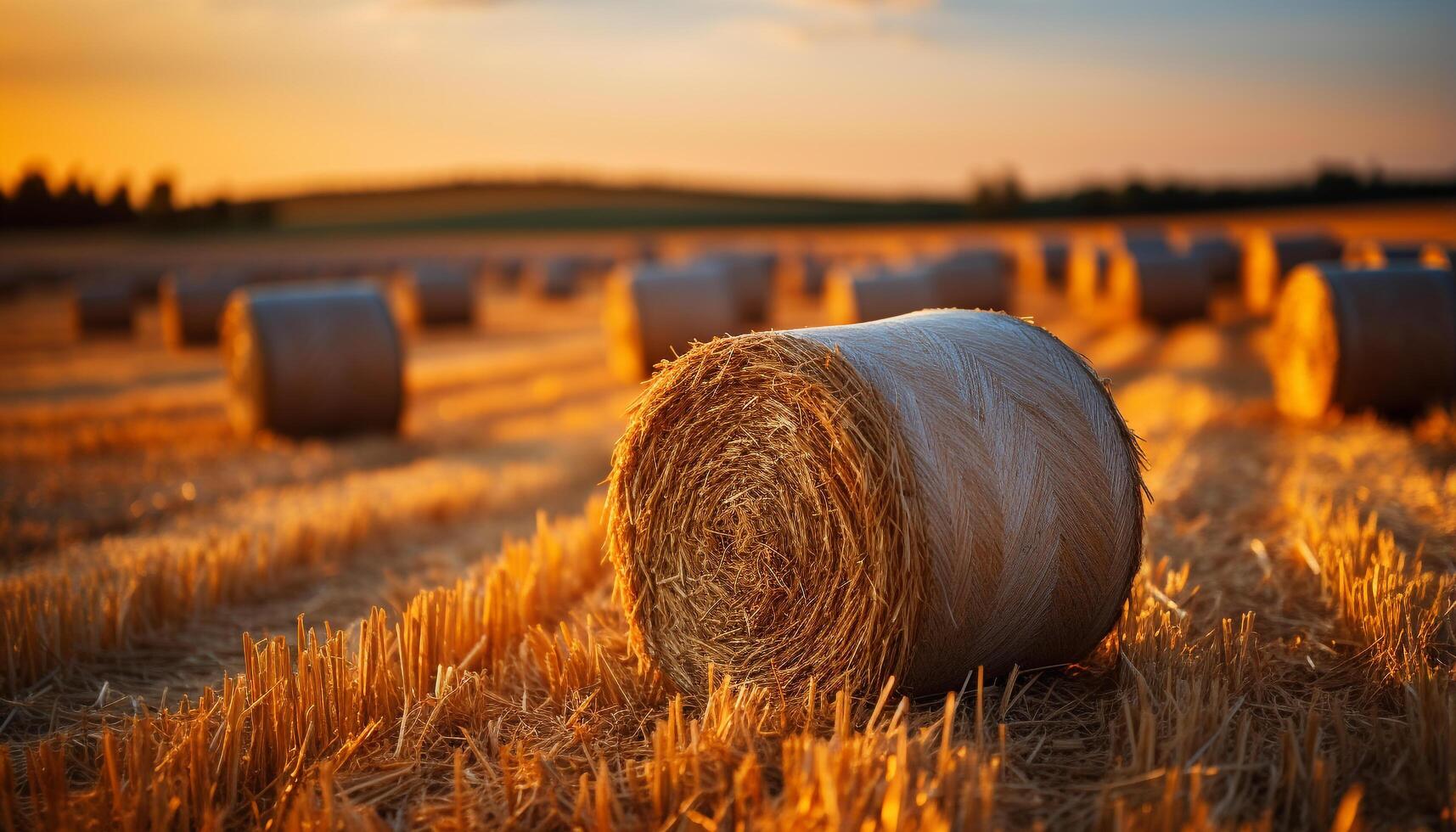 AI generated Sunset over a rural farm, meadow golden with harvested wheat generated by AI photo