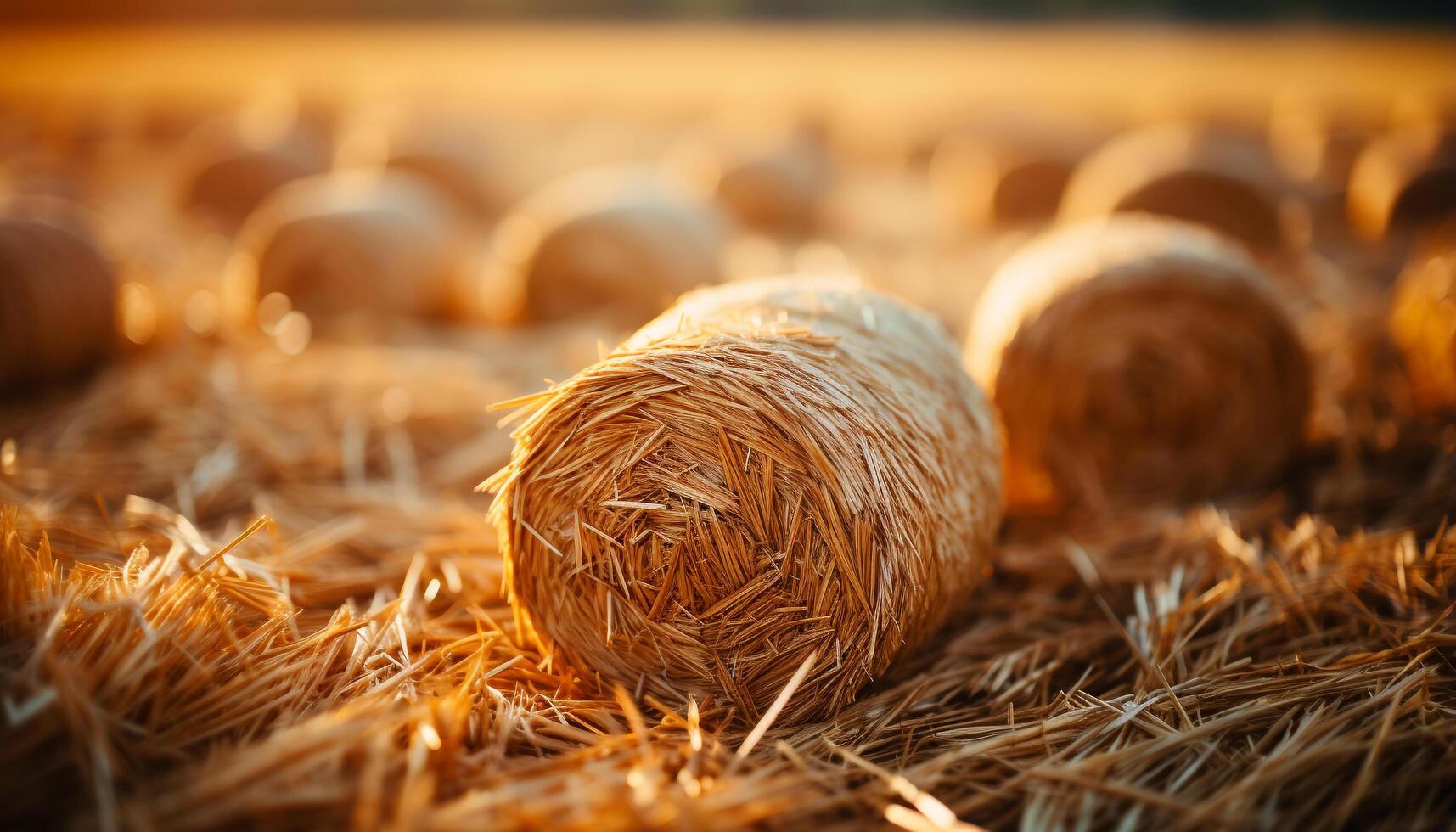 AI generated Agriculture industry harvesting wheat, rolled up bales in meadow generated by AI photo