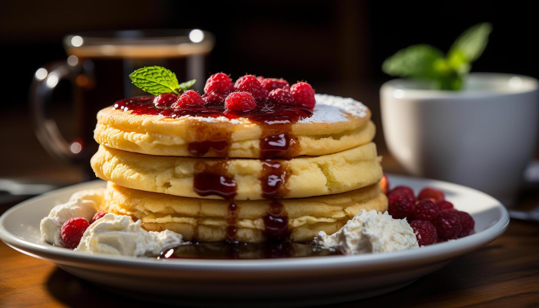 AI generated A stack of homemade pancakes with fresh berries and syrup generated by AI photo