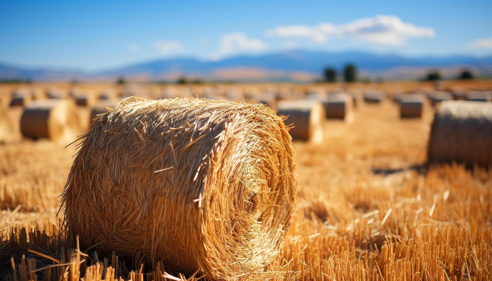 ai generado rural escena amarillo prado, arrollado arriba pajares, azul cielo generado por ai foto