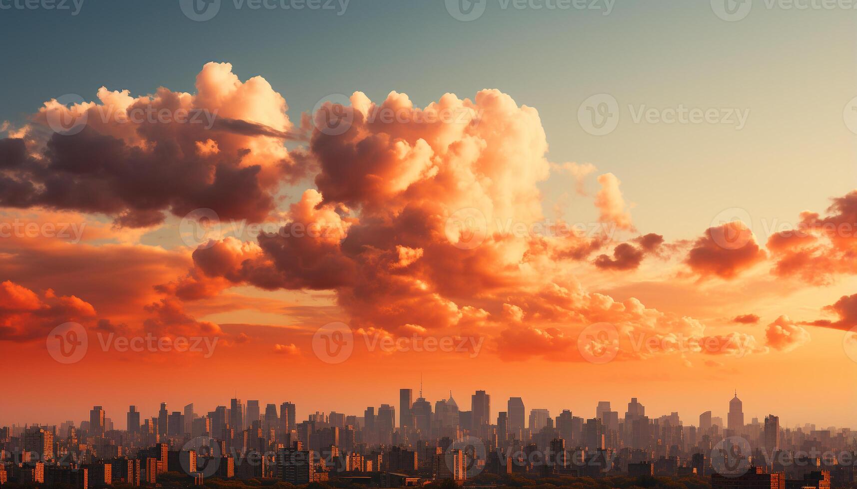 AI generated Vibrant city skyline reflects in the orange twilight sky generated by AI photo