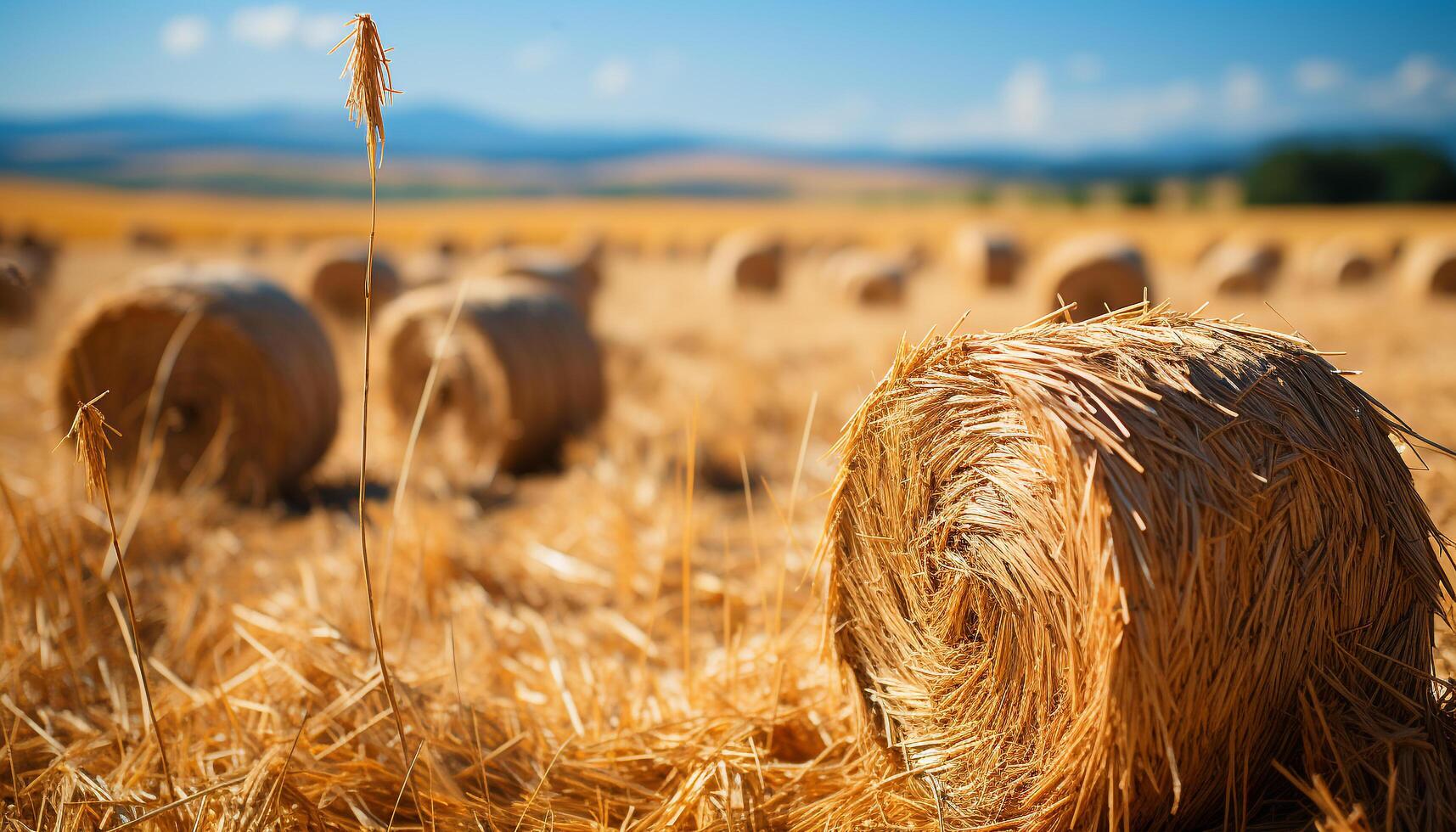 AI generated Golden wheat bales dot the rural landscape in autumn generated by AI photo