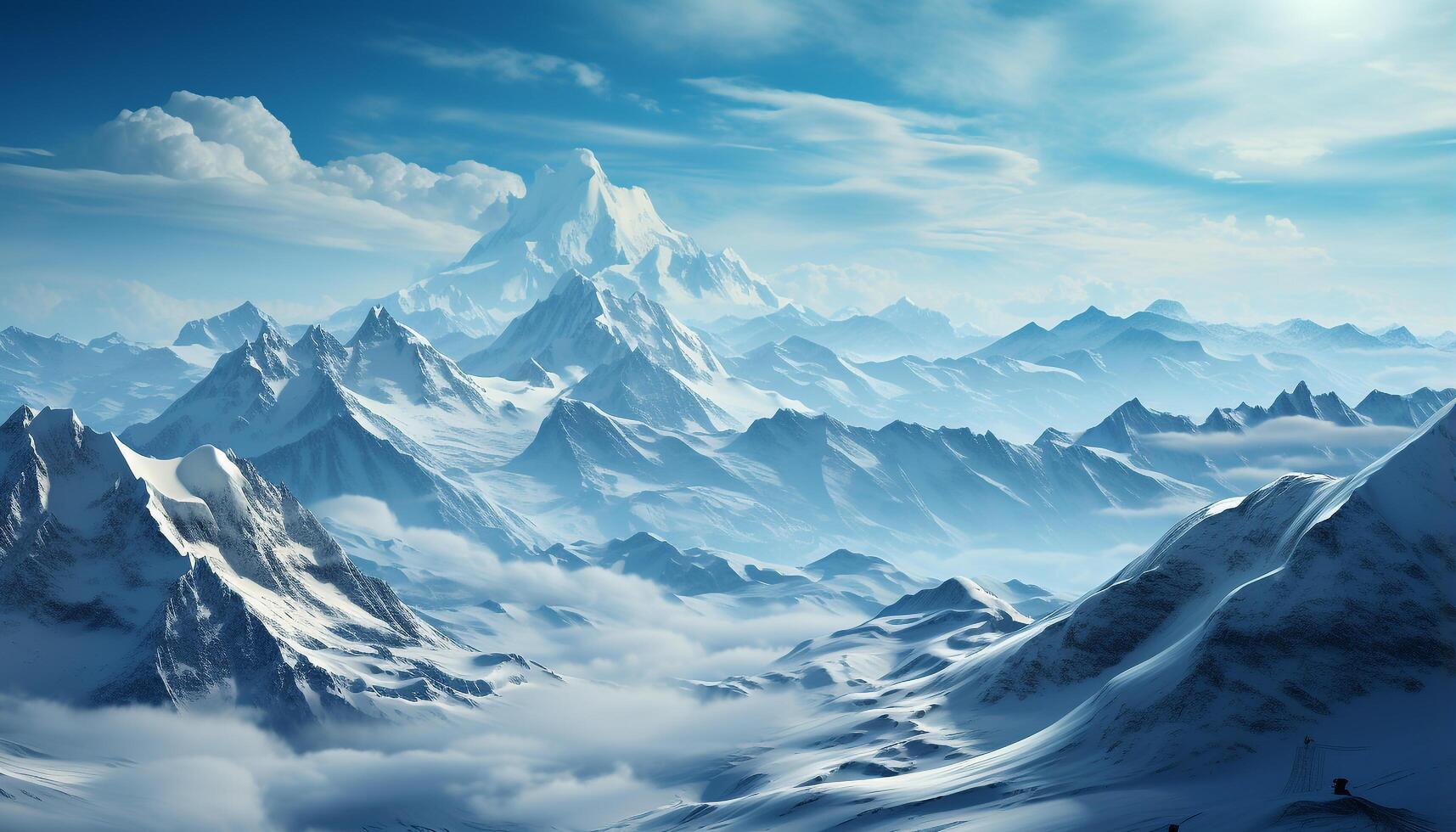 AI generated Majestic mountain peak, snow covered landscape, tranquil scene, blue sky generated by AI photo