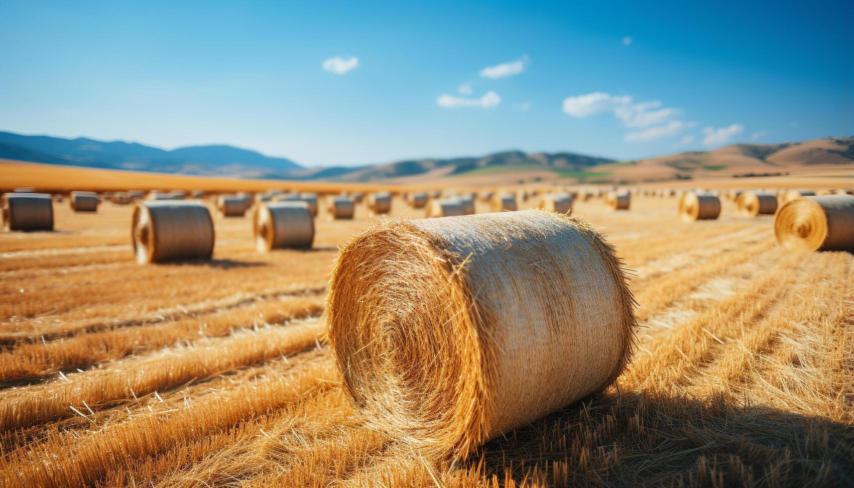 AI generated Agriculture beauty in nature rolled up hay bales in meadow generated by AI photo