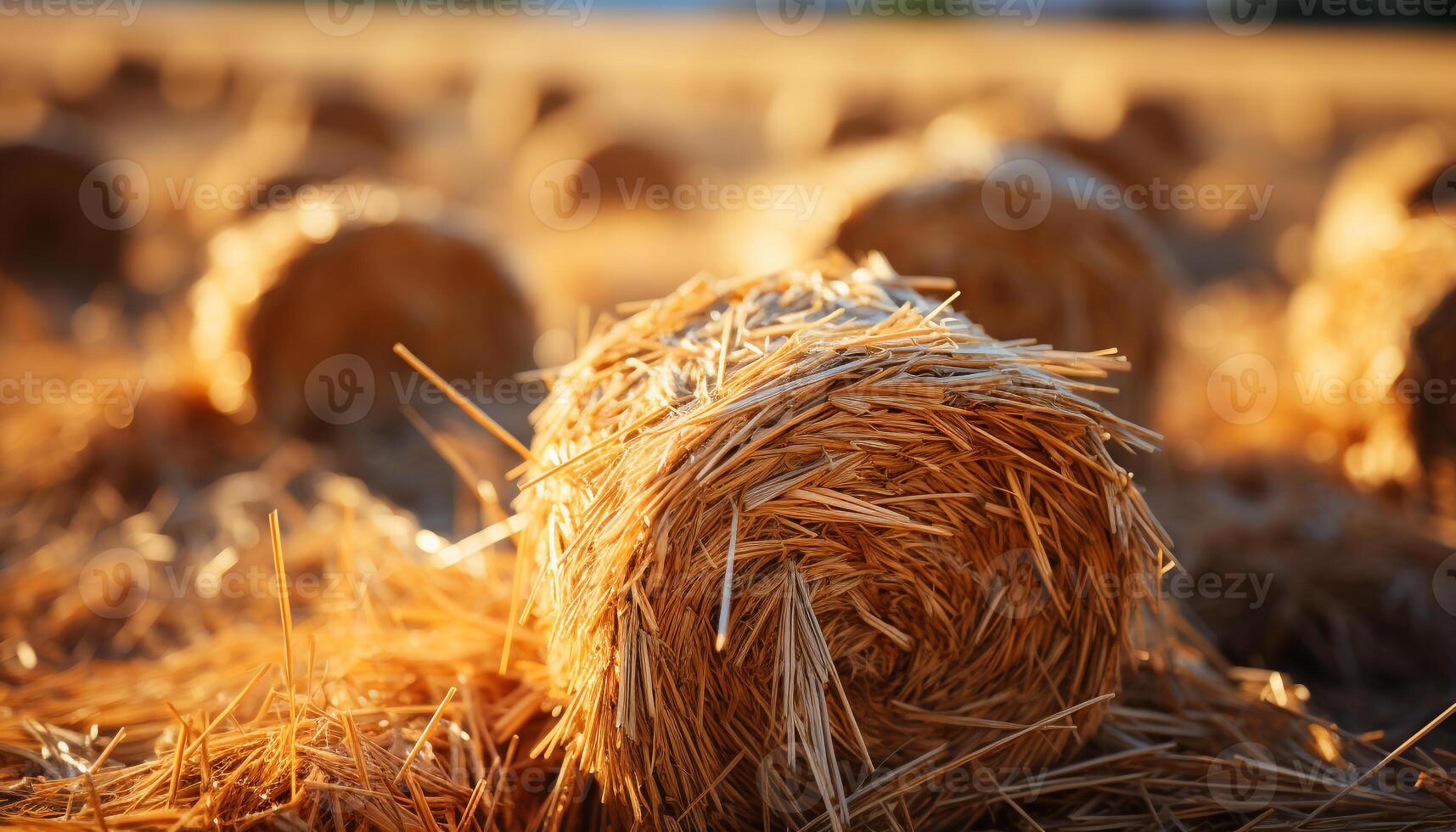 AI generated Agriculture industry Harvesting wheat, rolling hay bales in meadow generated by AI photo