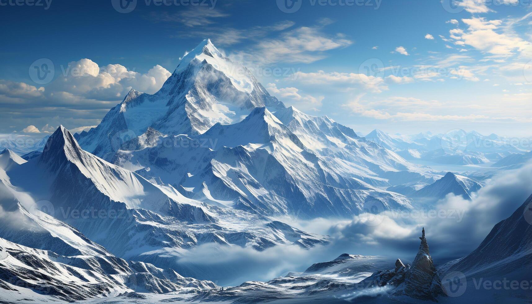 AI generated Majestic mountain peak, snow capped, tranquil scene, nature beauty in panoramic generated by AI photo