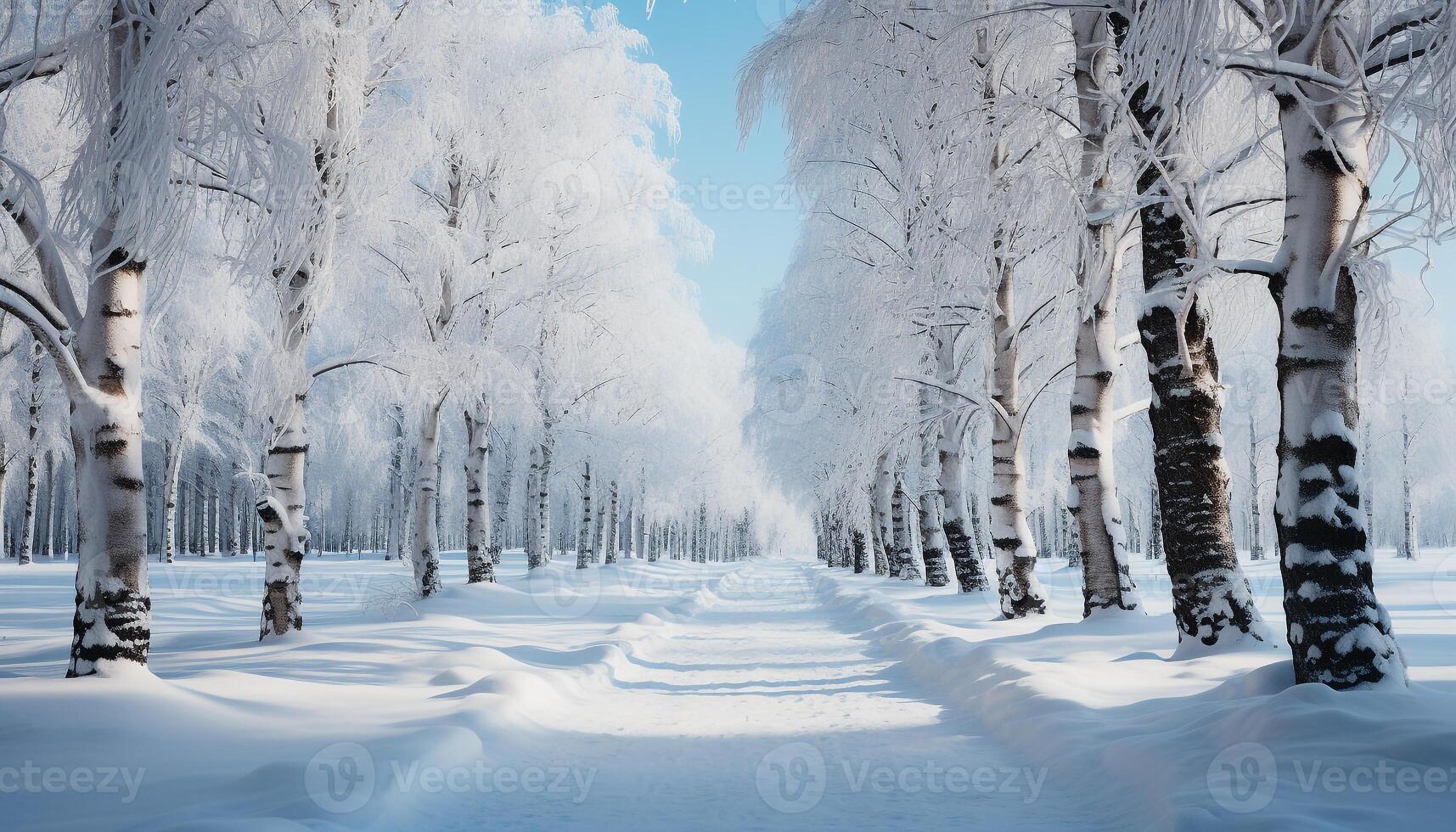 ai generado tranquilo invierno paisaje nieve cubierto bosque, glacial sucursales, y brillante luz de sol generado por ai foto