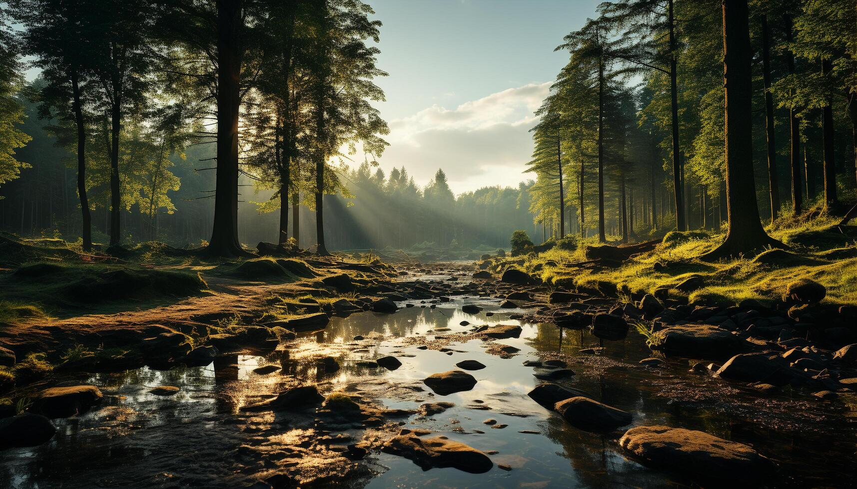 AI generated Tranquil scene autumn forest reflects on calm mountain pond generated by AI photo