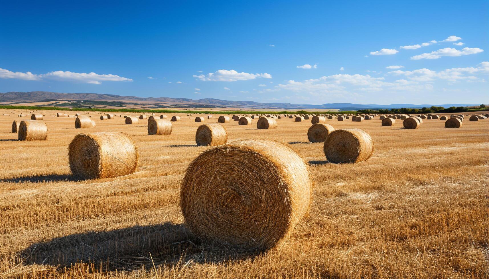 AI generated Golden wheat fields roll under a clear blue sky generated by AI photo