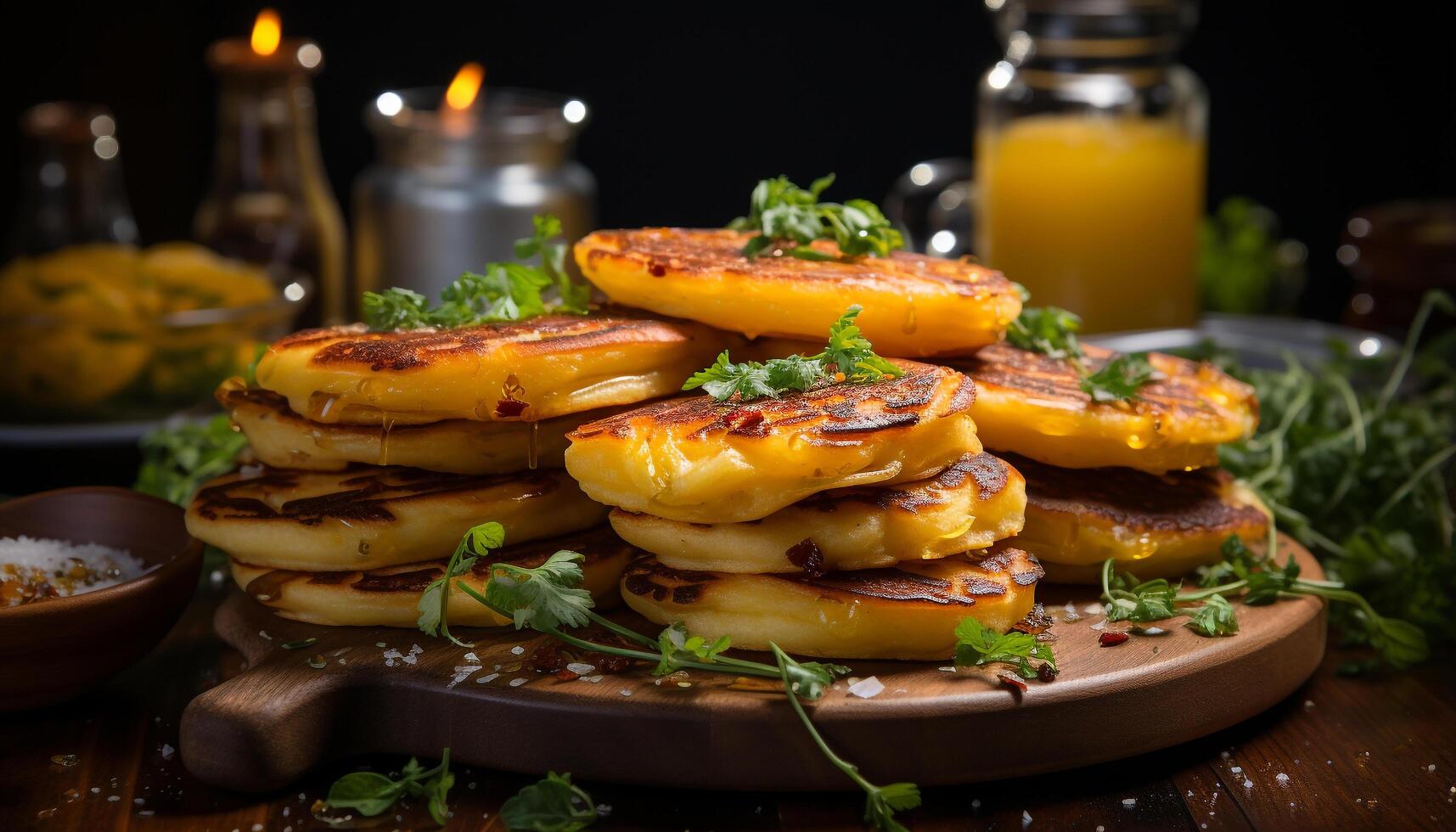 AI generated Grilled meat and vegetable on wooden plate, ready to eat barbecue generated by AI photo