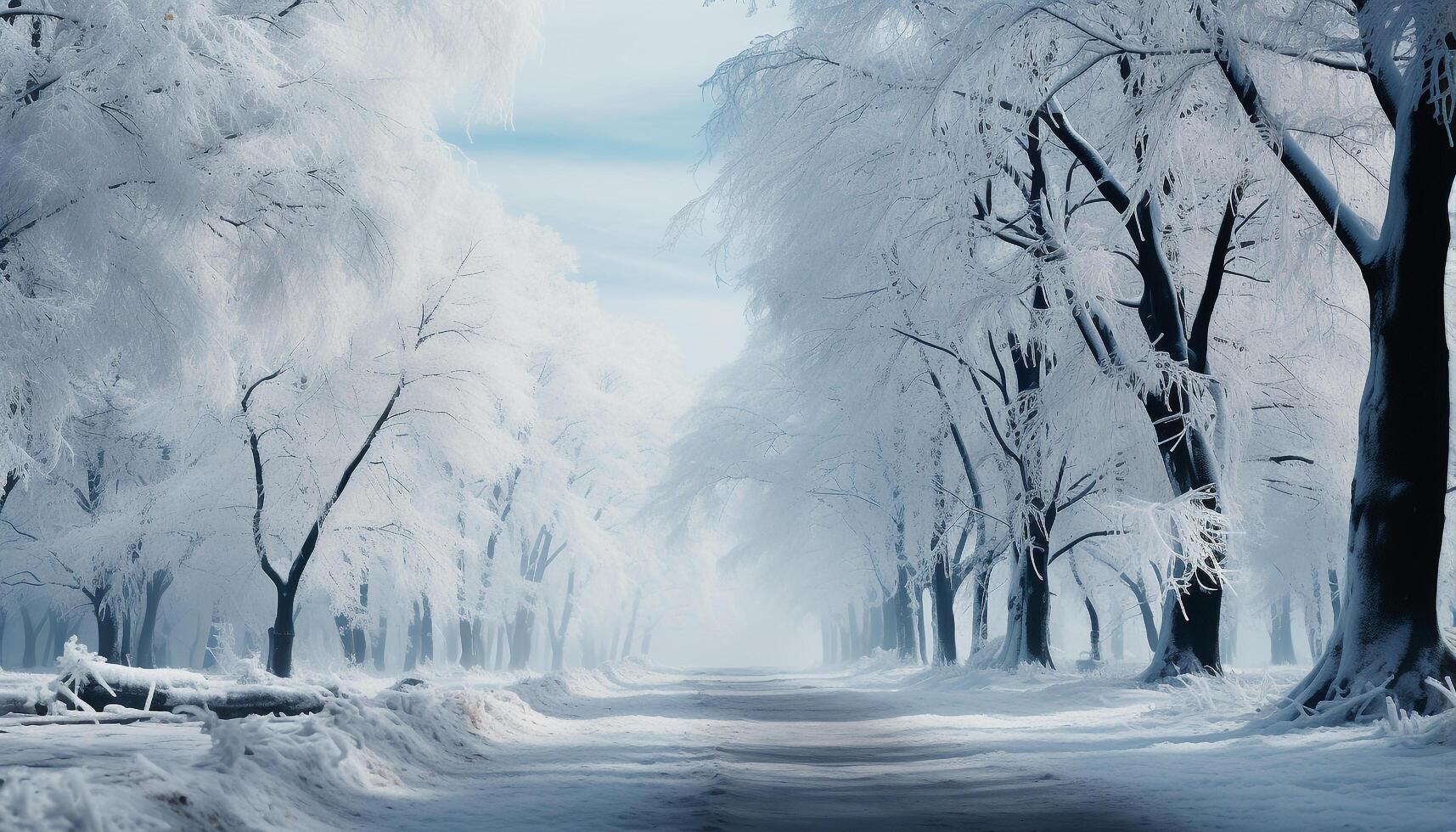 AI generated Winter forest tranquil beauty in nature, snowy landscape, mysterious fog generated by AI photo