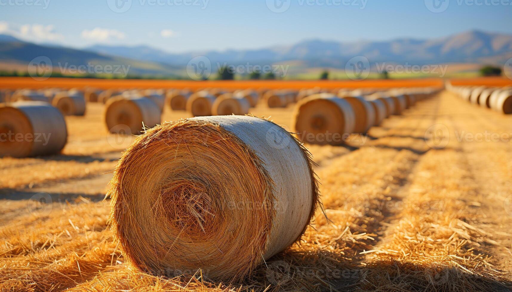 AI generated Golden wheat fields roll in the summer sun, nature bounty generated by AI photo