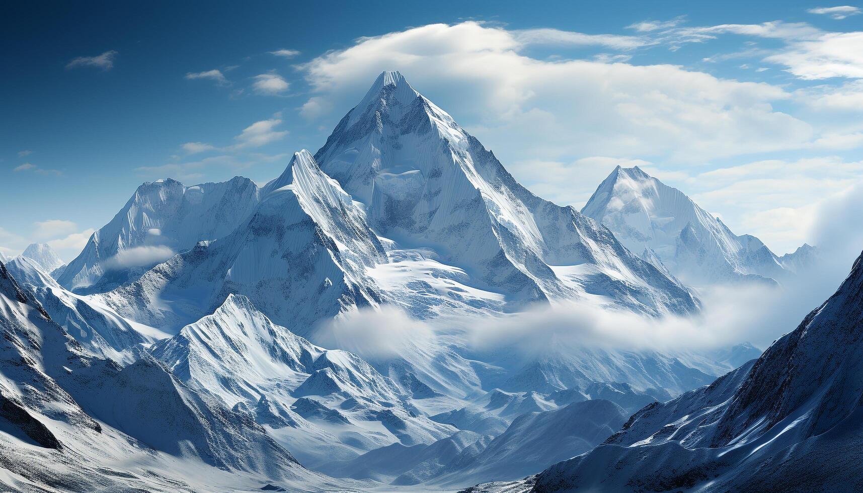 AI generated Majestic mountain peak, snow covered landscape, tranquil sky, adventurous hiking generated by AI photo